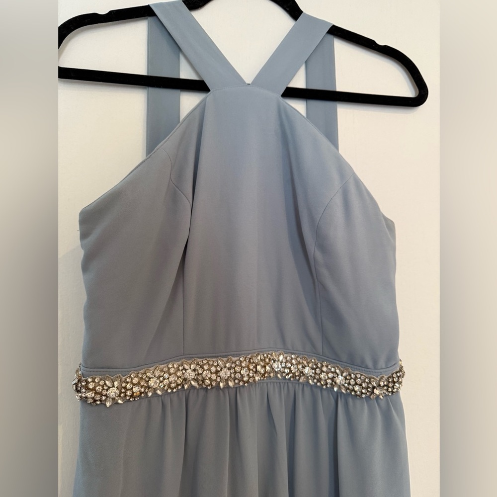 Lulu’s Elegant Mist Blue/Gray Halter Dress with Crystal Waist